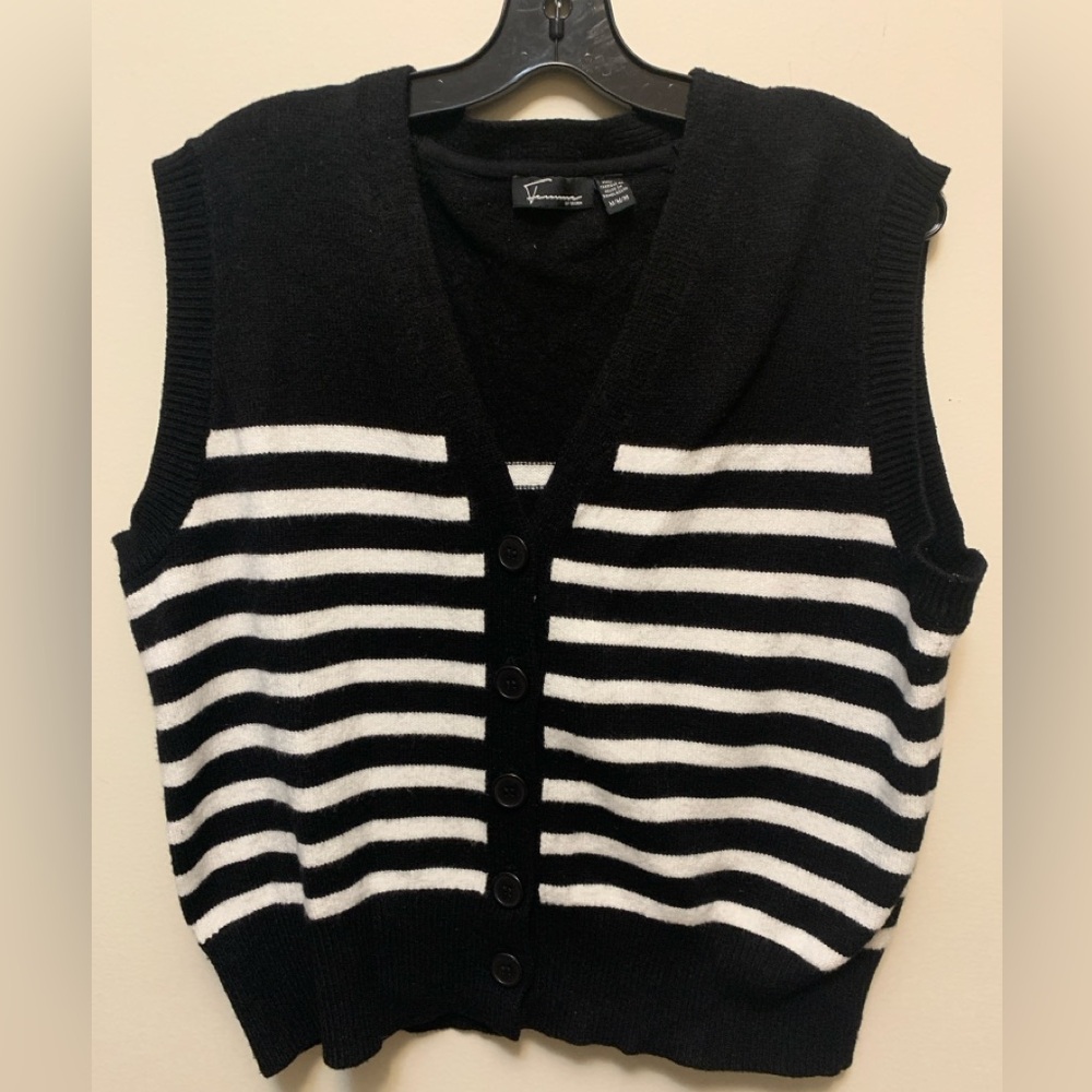 Black White Striped Oversized Button Front Sweater Vest